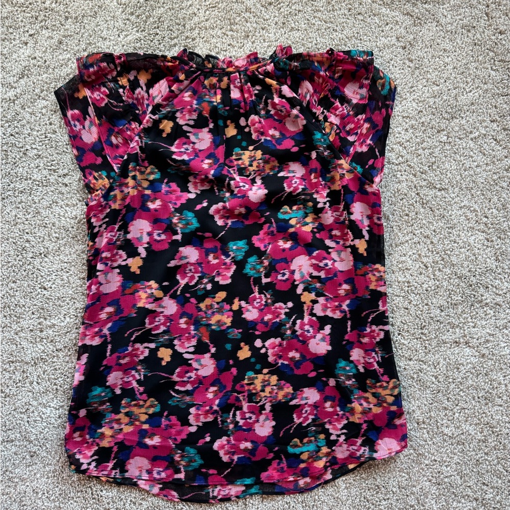 Women’s Floral Ruffle Neck Blouse Vneck top dressy size small - Picture 9 of 11